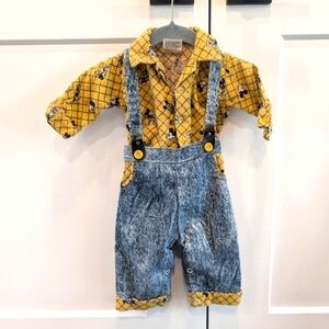 Vintage DISNEY Kids Mickey Mouse Yellow Shirt And Blue Baby Boy Overalls 0-6 Mo